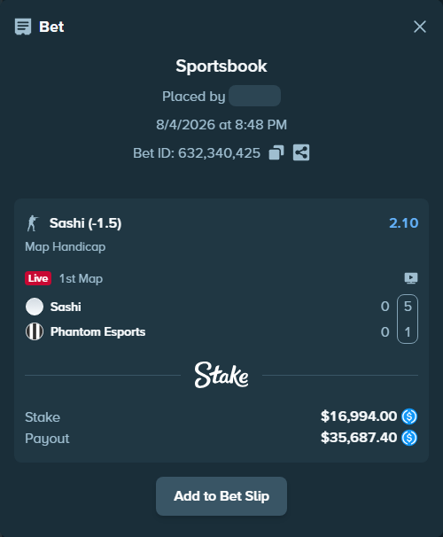 Bet slip: Sashi - Phantom Esports, $16,994.00 stake at 2.10 odds, placed by TheEarlinGrey
