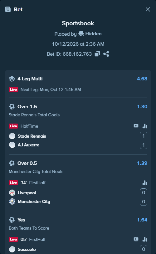 Bet slip: Sassuolo - AC Milan, $65,106.04 stake at 1.64 odds, placed by Hidden