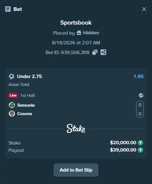 Bet slip: Sassuolo - Cesena, $20,020.00 stake at 1.95 odds, placed by Hidden