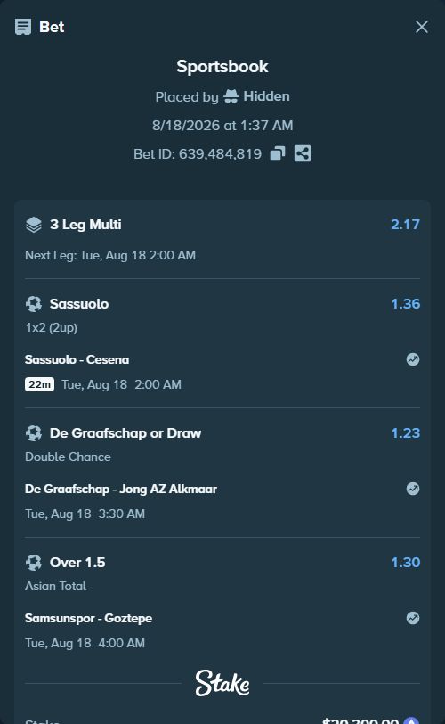 Bet slip: Sassuolo - Cesena, $20,246.84 stake at 1.36 odds, placed by Hidden