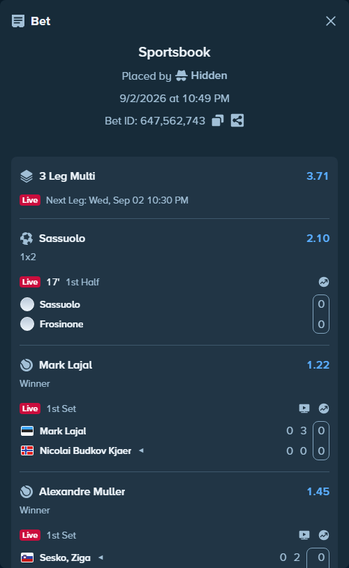 Bet slip: Sassuolo - Frosinone, $10,000.00 stake at 2.10 odds, placed by Hidden