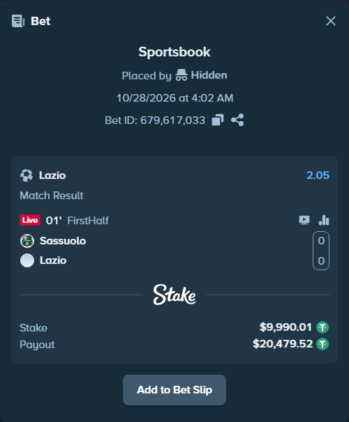 Bet slip: Sassuolo - Lazio, $10,000.00 stake at 2.05 odds, placed by Agus1033