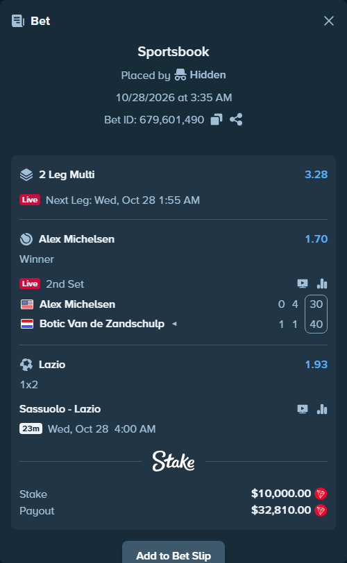Bet slip: Sassuolo - Lazio, $10,116.12 stake at 1.93 odds, placed by Hidden