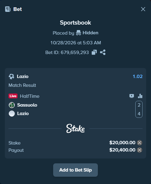 Bet slip: Sassuolo - Lazio, $20,000.64 stake at 1.02 odds, placed by Hidden