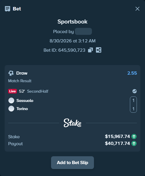 Bet slip: Sassuolo - Torino, $15,967.74 stake at 2.55 odds, placed by partizanti22