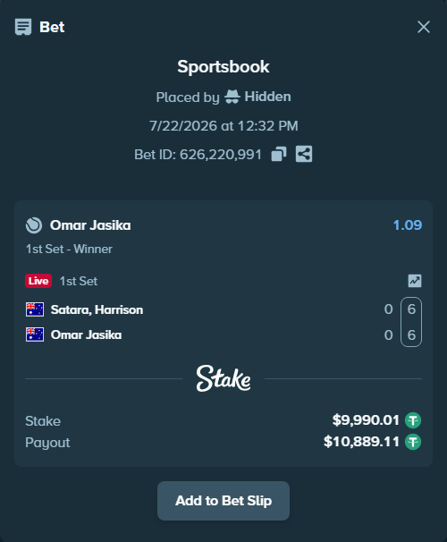 Bet slip: Satara, Harrison - Omar Jasika, $10,000.00 stake at 1.09 odds, placed by Hidden