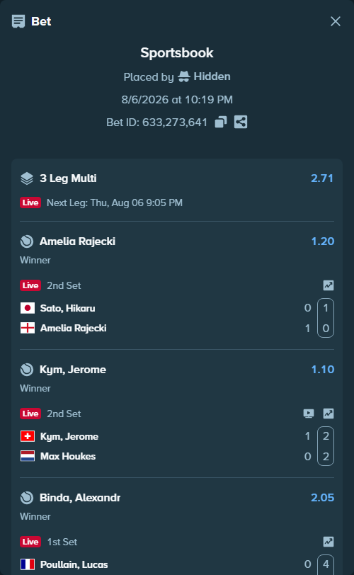 Bet slip: Sato, Hikaru - Amelia Rajecki, $10,000.00 stake at 1.20 odds, placed by Hidden