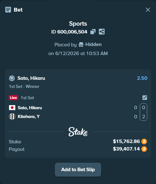 Bet slip: Sato, Hikaru - Kitahara, Y, $15,991.17 stake at 2.50 odds, placed by Hidden