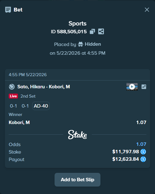 Bet slip: Sato, Hikaru - Kobori, M, $11,797.98 stake at 1.07 odds, placed by Hidden