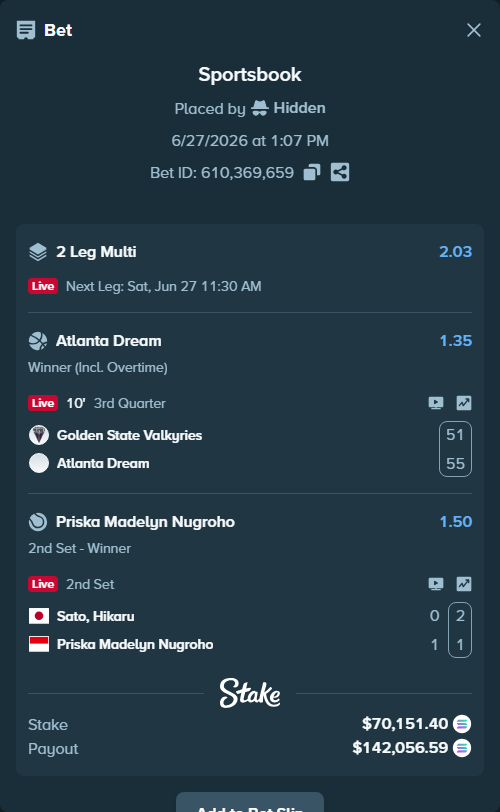 Bet slip: Sato, Hikaru - Priska Madelyn Nugroho, $78,793.54 stake at 1.50 odds, placed by Hidden