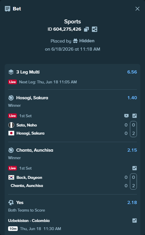 Bet slip: Sato, Naho - Hosogi, Sakura, $10,000.00 stake at 1.40 odds, placed by Hidden