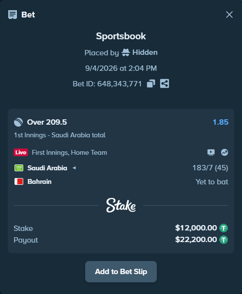Bet slip: Saudi Arabia - Bahrain, $12,000.00 stake at 1.85 odds, placed by Hidden