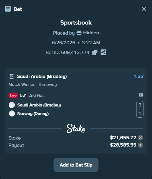 Bet slip: Saudi Arabia (Bradley) - Norway (Danny), $22,099.28 stake at 1.32 odds, placed by Hidden