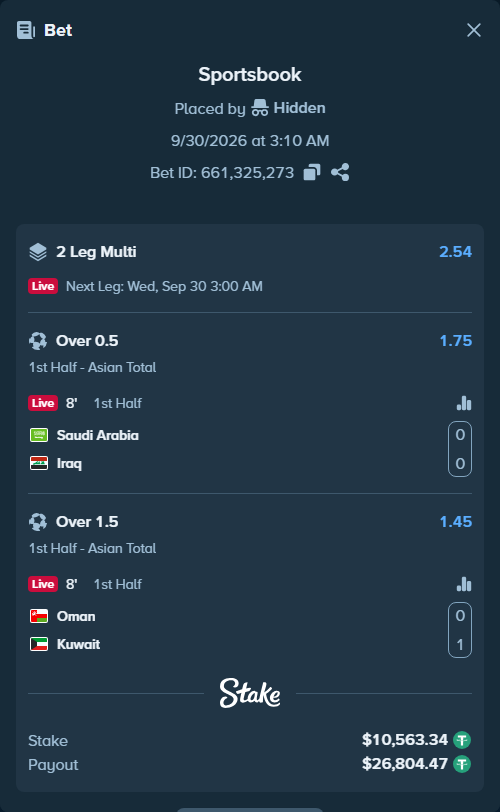 Bet slip: Saudi Arabia - Iraq, $10,563.34 stake at 1.75 odds, placed by Hidden