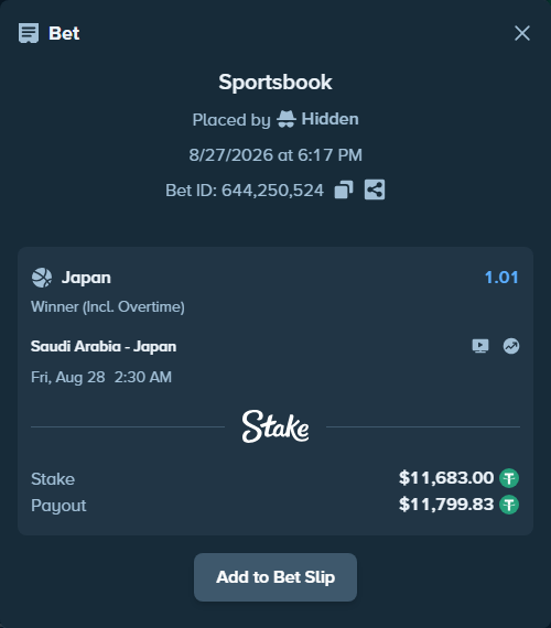 Bet slip: Saudi Arabia - Japan, $11,683.00 stake at 1.01 odds, placed by Hidden