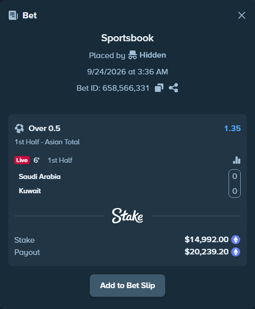 Bet slip: Saudi Arabia - Kuwait, $14,997.09 stake at 1.35 odds, placed by Hidden