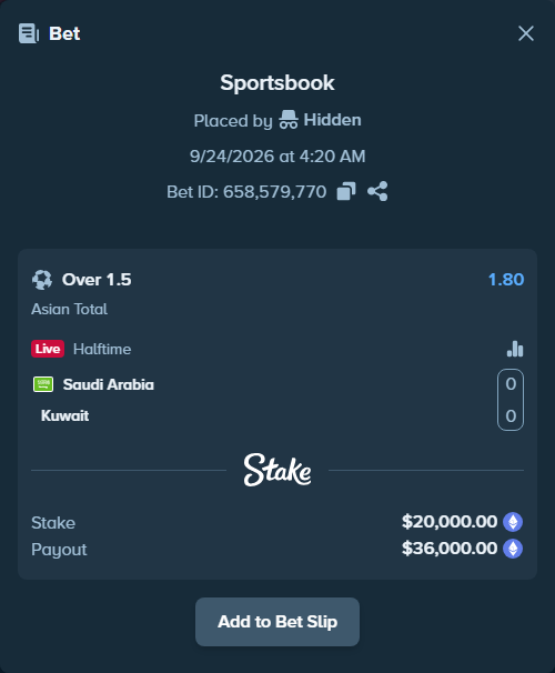 Bet slip: Saudi Arabia - Kuwait, $20,274.69 stake at 1.80 odds, placed by Hidden