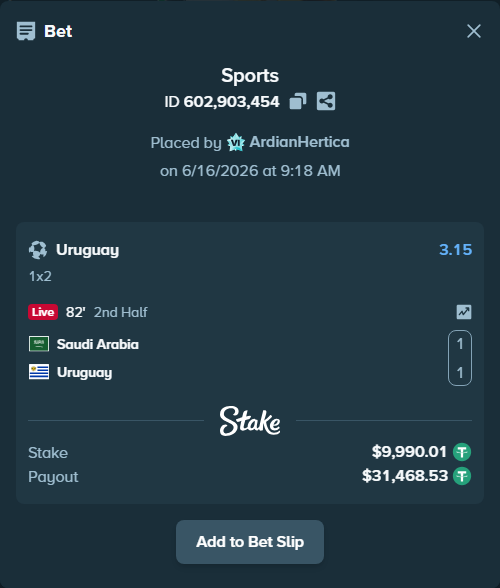 Bet slip: Saudi Arabia - Uruguay, $10,000.00 stake at 3.15 odds, placed by ArdianHertica
