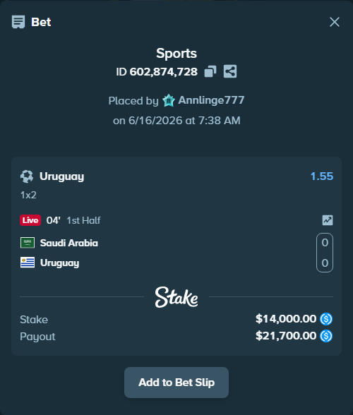 Bet slip: Saudi Arabia - Uruguay, $14,000.00 stake at 1.55 odds, placed by Annlinge777