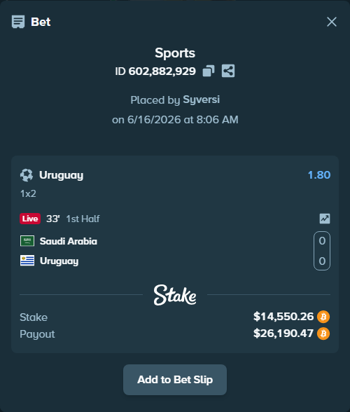 Bet slip: Saudi Arabia - Uruguay, $14,151.28 stake at 1.80 odds, placed by Syversi