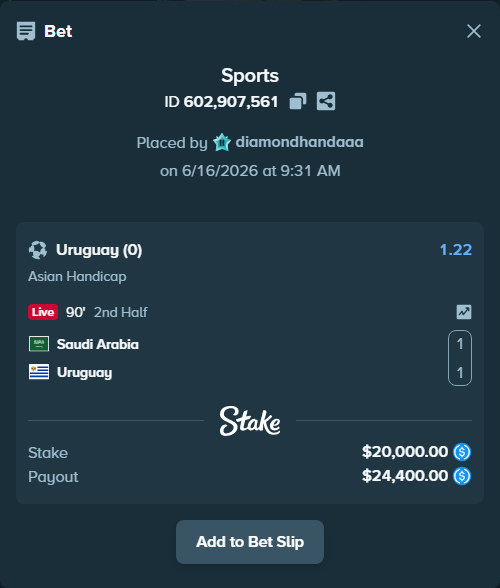 Bet slip: Saudi Arabia - Uruguay, $20,000.00 stake at 1.22 odds, placed by diamondhandaaa
