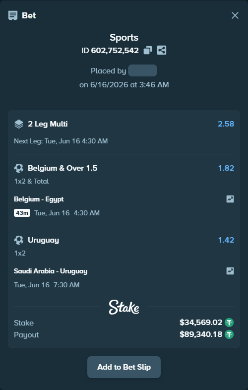 Bet slip: Saudi Arabia - Uruguay, $34,569.02 stake at 1.42 odds, placed by Bigfoltz