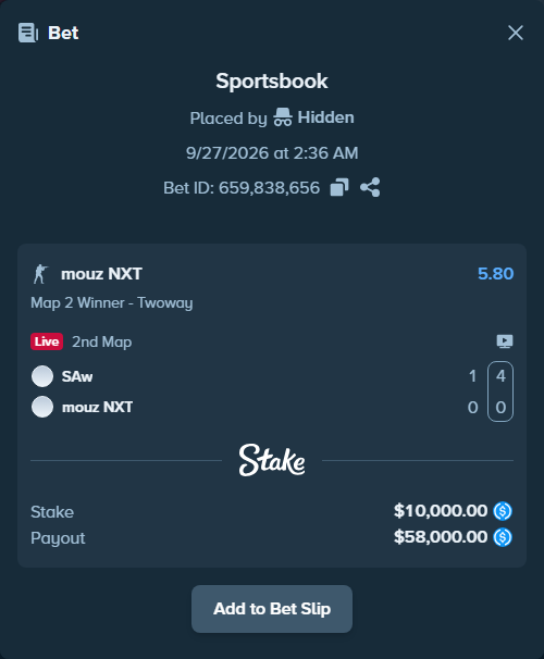 Bet slip: SAW - mouz NXT, $10,000.00 stake at 5.80 odds, placed by Hidden