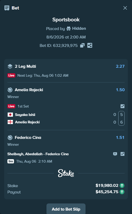 Bet slip: Sayaka Ishii - Amelia Rajecki, $20,000.00 stake at 1.50 odds, placed by Hidden