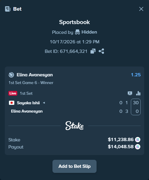 Bet slip: Sayaka Ishii - Elina Avanesyan, $11,278.95 stake at 1.25 odds, placed by Hidden