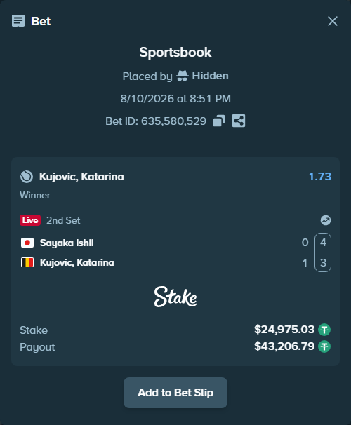 Bet slip: Sayaka Ishii - Kujovic, Katarina, $25,000.00 stake at 1.73 odds, placed by Hidden
