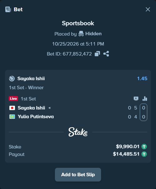 Bet slip: Sayaka Ishii - Yulia Putintseva, $10,000.00 stake at 1.45 odds, placed by Majorek