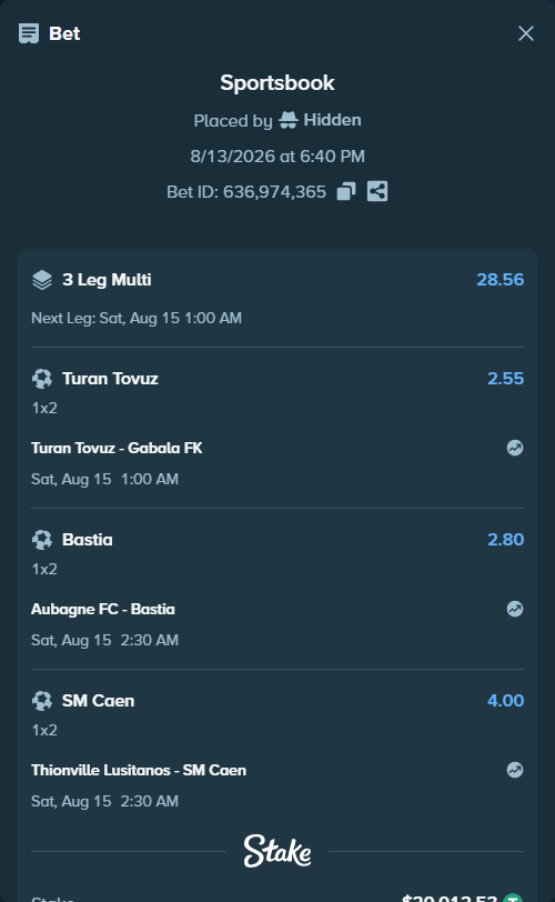 Bet slip: SC Aubagne Air Bel - Bastia, $20,032.54 stake at 2.80 odds, placed by Hidden