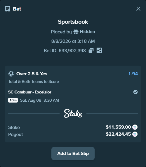 Bet slip: SC Cambuur - Excelsior, $11,630.61 stake at 1.94 odds, placed by Hidden
