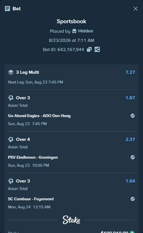 Bet slip: SC Cambuur - Feyenoord, $100,000.00 stake at 1.64 odds, placed by Hidden