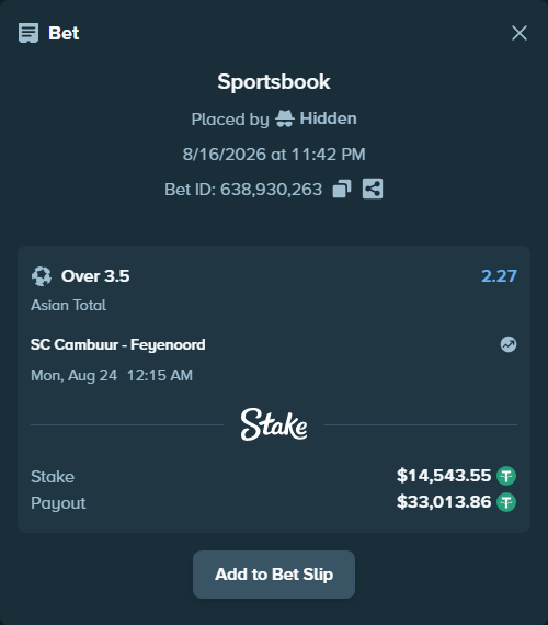 Bet slip: SC Cambuur - Feyenoord, $14,558.09 stake at 2.27 odds, placed by Hidden