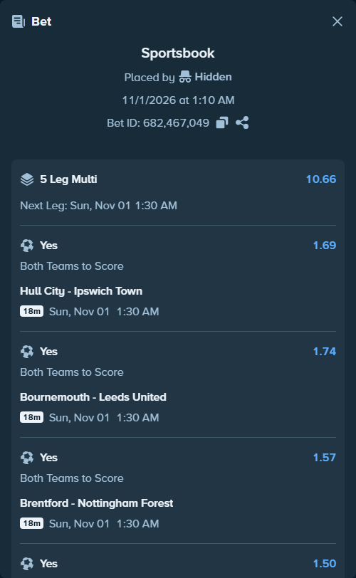 Bet slip: SC Cambuur - Go Ahead Eagles, $10,329.32 stake at 1.40 odds, placed by Hidden