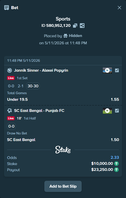 Bet slip: SC East Bengal - Punjab FC, $10,000.00 stake at 1.50 odds, placed by Hidden