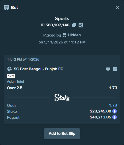 Bet slip: SC East Bengal - Punjab FC, $17,337.60 stake at 1.73 odds, placed by Hidden