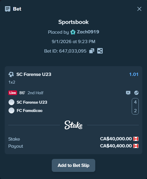 Bet slip: SC Farense - FC Famalicao, $29,600.00 stake at 1.01 odds, placed by Zach0919
