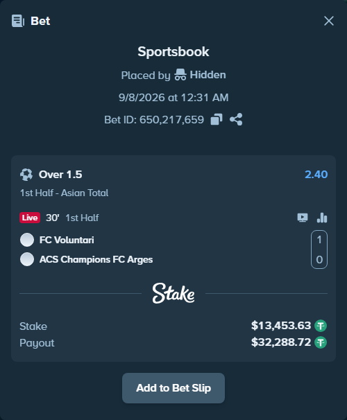 Bet slip: SC FC Voluntari - ACS Champions FC Arges, $13,453.63 stake at 2.40 odds, placed by Hidden