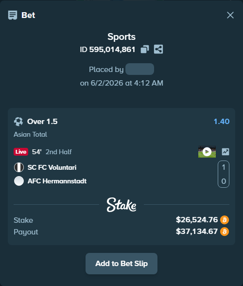 Bet slip: SC FC Voluntari - AFC Hermannstadt, $23,888.73 stake at 1.40 odds, placed by ninafreak