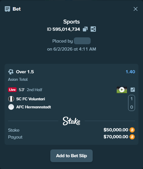 Bet slip: SC FC Voluntari - AFC Hermannstadt, $45,031.00 stake at 1.40 odds, placed by ninafreak