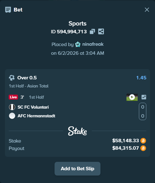Bet slip: SC FC Voluntari - AFC Hermannstadt, $52,406.95 stake at 1.45 odds, placed by ninafreak