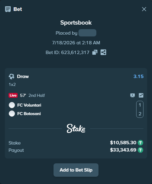 Bet slip: SC FC Voluntari - FC Botosani, $10,595.88 stake at 3.15 odds, placed by kabic555