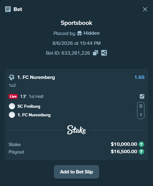 Bet slip: SC Freiburg - 1. FC Nuremberg, $10,010.00 stake at 1.65 odds, placed by Hidden