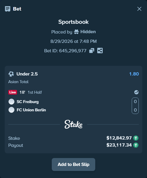 Bet slip: SC Freiburg - FC Union Berlin, $12,842.97 stake at 1.80 odds, placed by Hidden