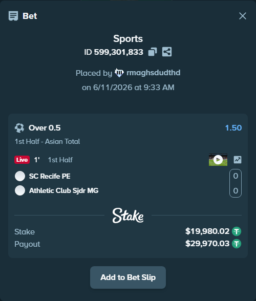 Bet slip: SC Recife PE - Athletic Club Sjdr MG, $20,000.00 stake at 1.50 odds, placed by rmaghsdudthd