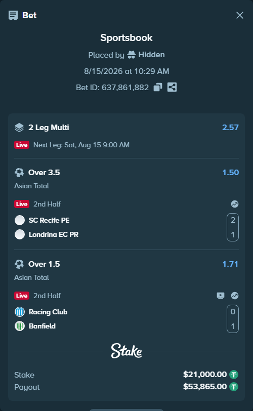 Bet slip: SC Recife PE - Londrina EC PR, $21,021.00 stake at 1.50 odds, placed by Hidden