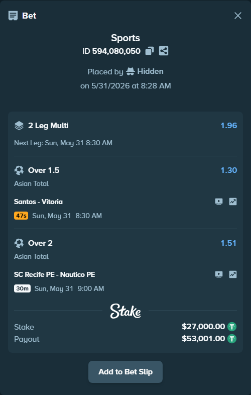 Bet slip: SC Recife PE - Nautico PE, $27,027.00 stake at 1.51 odds, placed by Hidden