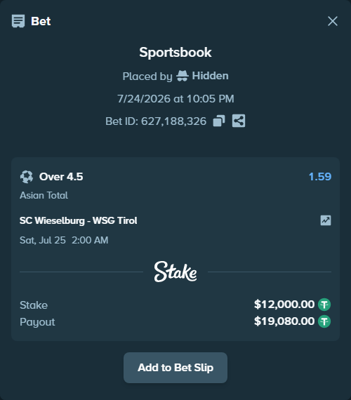 Bet slip: SC Wieselburg - WSG Tirol, $12,012.00 stake at 1.59 odds, placed by Hidden